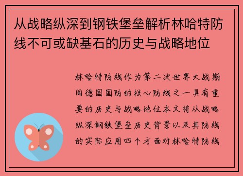 从战略纵深到钢铁堡垒解析林哈特防线不可或缺基石的历史与战略地位 从战略纵深到钢铁堡垒解析林哈特防线不可或缺基石的历史与战略地位