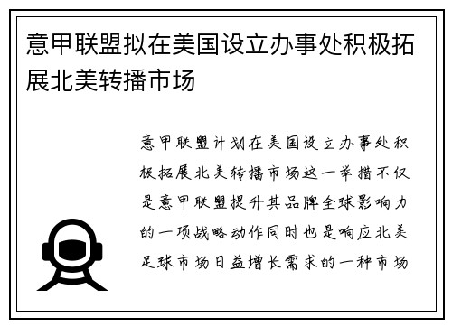 意甲联盟拟在美国设立办事处积极拓展北美转播市场 意甲联盟拟在美国设立办事处积极拓展北美转播市场